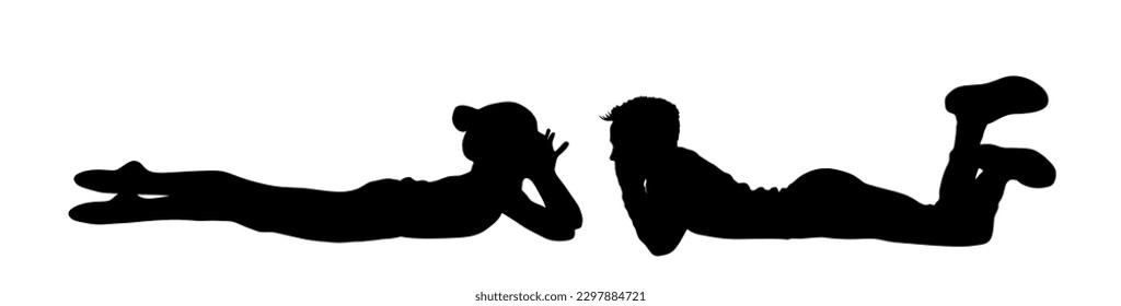 Young shy couple in love vector silhouette illustration isolated. First love in school. Teen boy and girl flirt kiss. Kids togetherness. Teenagers tenderness, closeness. Adolescent romance in puberty.