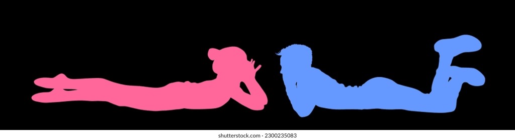 Young shy couple in love vector silhouette illustration isolated. First love in school. Teen boy and girl flirt kiss. Kids togetherness. Teenagers tenderness, closeness. Adolescent romance in puberty.