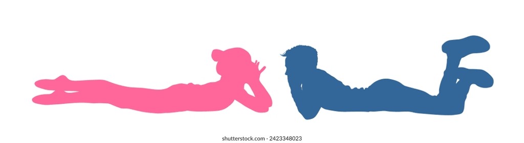 Young shy couple in love vector silhouette illustration isolated. First love in school. Teen boy and girl flirt kiss. Kids togetherness. Teenagers tenderness, closeness. Adolescent romance in puberty.