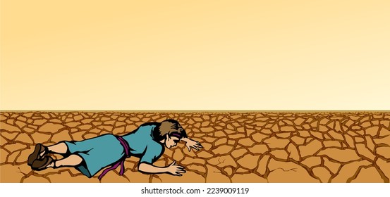 Young sick faint fall tired crawl sad jew male teen kid boy guy Ishmael body cry biblic god. Hand drawn hot sun dirty sand land old dirt mud soil stress warm heat victim arab girl muslim islam art