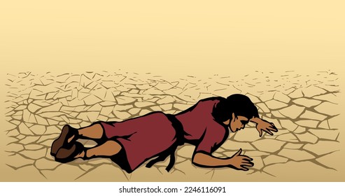 Young sick faint fall tired crawl sad jew male teen kid boy guy Ishmael body cry biblic god. Hand drawn hot sun dirty sand land old dirt mud soil stress warm heat victim arab girl muslim islam art