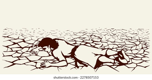 Young sick faint fall tired crawl sad jew male teen kid boy guy Ishmael body cry biblic god. Hand drawn hot sun dirty sand land old dirt mud soil stress warm heat victim arab girl muslim islam art