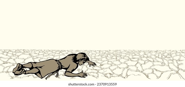 Young sick faint fall tired crawl sad jew male teen kid boy guy Ishmael body cry biblic god. Hand drawn hot sun dirty sand land old dirt mud soil stress warm heat victim arab girl muslim islam art
