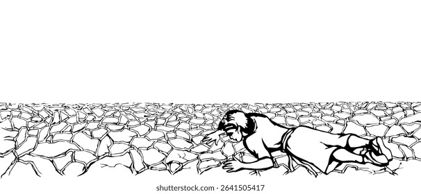 Young sick faint fall tired crawl sad jew male teen kid boy guy Ishmael body cry biblic god. Hand drawn hot sun dirty sand land old dirt mud soil stress warm heat victim arab girl muslim islam art