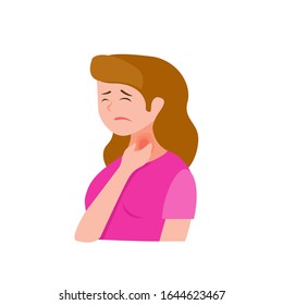 young sick girl suffering from sore throat, holding on her neck. Cartoon flat isolated illustration on a white background. Illness and disease symptoms concept