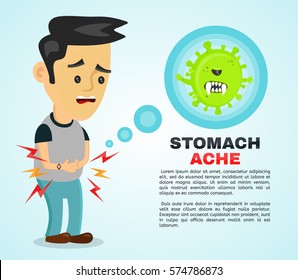 Young Sick Man Having Stomach Ache, Food Poisoning,stomach Problems, Abdominal Pain.Vector Flat Cartoon Character Illustration Infographic. Medical Concept.Angry Bacteria In The Stomach. Upset, Hungry