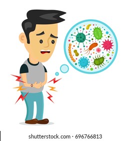 Young sick man having stomach ache, food poisoning, stomach problems, abdominal pain. Vector flat cartoon character illustration.Medical concept. Bacteria, germs, microorganisms, viruses, fungi, protozoe