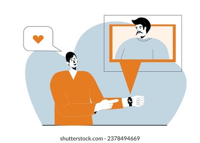 A young sick man talks to a projection of a friend that appears from a bracelet on a video call.