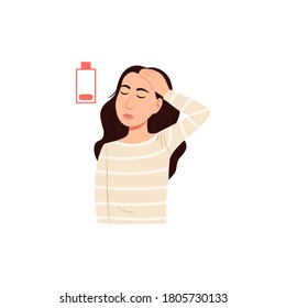 Young sick woman has headache icon isolated on white background. Cartoon stressed female person portrait with head pain or migraine. Tired character with sad face sign. Flat health vector illustration