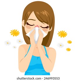 Young sick woman ill suffering spring allergy using tissue on nose