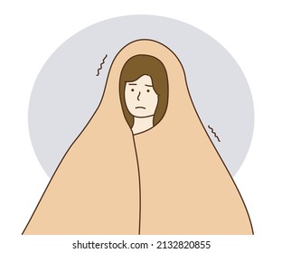 Young sick woman shivering in blanket. Girl suffers from flu. Health, cold, depression, disease concepts. Hand drawn thin line style cartoon vector design illustrations.