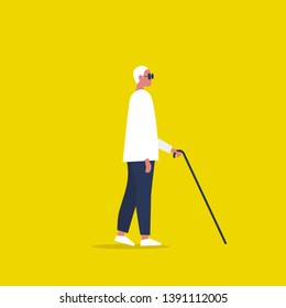 Young sightless character wearing dark shades and holding a cane. Concept. Flat editable vector illustration, clip art
