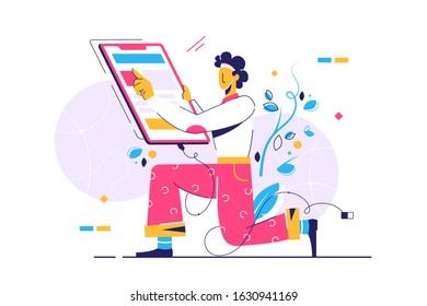 Young silhouette man using smartphone while charging. Isolated concept male character user with modern technology device watching network news using mobile phone. Vector illustration.