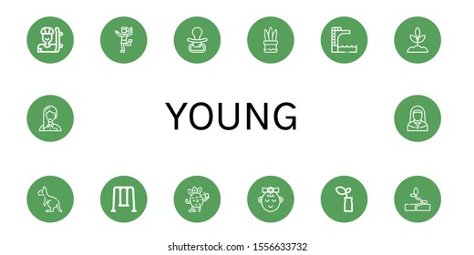 young simple icons set. Contains such icons as Skater, Traditional dance, Pacifier, Plant, Trampoline, Sprout, Kangaroo, Swing, Selfie, Girl, can be used for web, mobile and logo
