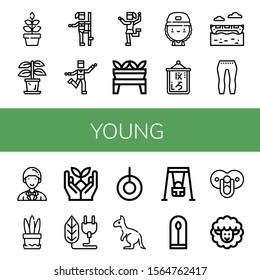 young simple icons set. Contains such icons as Plant, Pole dance, Zumba, Traditional dance, Skater, Logogram, Banana boat, Leggings, Entrepeneur, can be used for web, mobile and logo