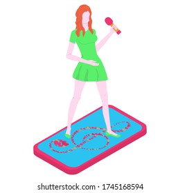 Young singer in a green short dress stands on a touchscreen mobile phone with a treble clef from hearts. Pop singer performs a song online. Vector cartoon illustration isolated on white background.