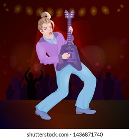 Young singer with guitar sings his song. Vector illustration
