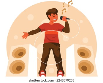 Young singer on stage. Teenage vocalist sings. Young person giving a concert. Vector graphics