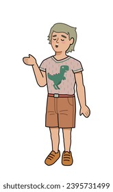 Young singer sings a song. A boy, child with a dinosaur on a t-shirt. Cute flat cartoon character, vector illustration isolated on white.