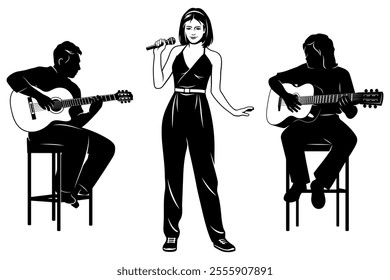 Young Singer Woman with Two Men Playing Acoustic Guitars. Vector cliparts isolated on white.