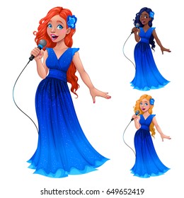 Young singers in different colors. Vector cartoon isolated characters.