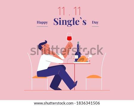 Young single man is celebrating Singles day - November 11 - with wine and roast banner template. Holiday for bachelors, which opens Chinese shopping season. Social and cultural trends. ストックフォト © 