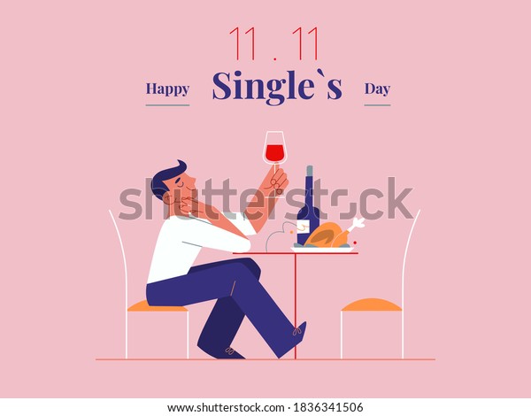 Young single\
man is celebrating Singles day - November 11 - with wine and roast\
banner template. Holiday for bachelors, which opens Chinese\
shopping season. Social and cultural\
trends.