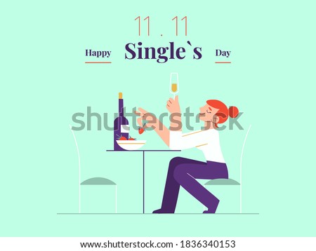 Young single woman is celebrating Singles day - November 11 - with white wine and strawberry banner template. Holiday for bachelors, which opens Chinese shopping season. Social and cultural trends. ストックフォト © 