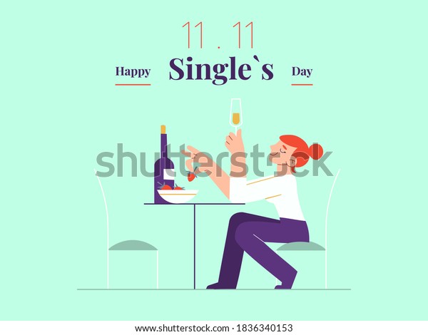 Young single woman is celebrating Singles day -\
November 11 - with white wine and strawberry banner template.\
Holiday for bachelors, which opens Chinese shopping season. Social\
and cultural trends.