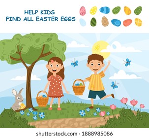 Young sister and brother searching for Easter eggs hidden amongst the spring flowers outdoors in the park watched by the Easter Bunny, colored cartoon vector illustration