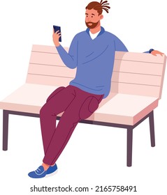 Joven sentado en un banco con smartphone. Estilo de vida urbano aislado en el fondo blanco