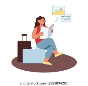 Joven sentado en un caso cerca del equipaje, sosteniendo un mapa y leyendo sobre España. Visita turística durante las vacaciones. Es hora de descubrir el concepto de nuevos lugares. Ilustración plana vectorial en colores azul y rojo