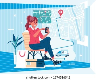 young sitting on the chair at home, while checking the delivery progress with map in the background. flat vector design illustration