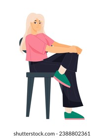 Young sitting person. Confident happy woman sitting on comfortable chair. Portrait of smiling character on stool. Body posture. Cartoon flat vector illustration isolated on white background