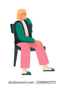 Young sitting person. Cool guy teenager or student sits on chair, smiles and communicates with someone. Body posture. Cartoon flat vector illustration isolated on white background