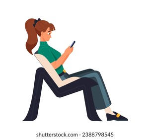 Young sitting person. Happy girl sitting in comfortable chair and holding smartphone. Portrait of character on wooden stool or seat. Cartoon flat vector illustration isolated on white background