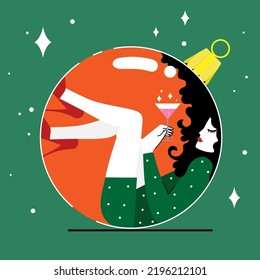 Young sitting woman character in big Christmas glass ball. Girl sit inside big bauble dressed in an party dress with glass of cocktail. Christmas concept, vector illustration