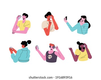 young six persons wearing technology characters vector illustration design