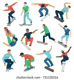 Young skateboarder active boys sport extreme active skateboarding jump tricks vector illustration.