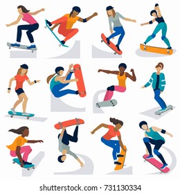 Young skateboarder active girls sport extreme active skateboarding jump tricks vector illustration.