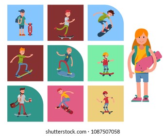 Young skateboarder active people sport extreme active skateboarding urban jumping tricks vector illustration.