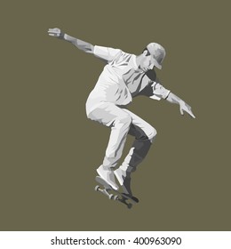 young skateboarder doing a jumping trick, black-and-white vector illustration.