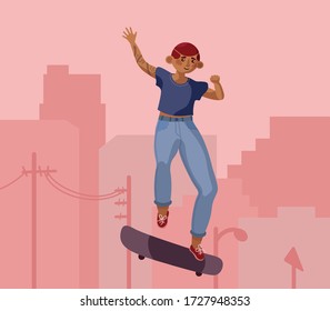 Young skateboarder jumping, in the background there is city, tower blocks and utility poles, road sign