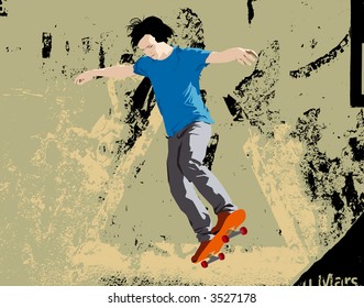 Young skateboarder jumping. Vector illustration with grunge background.