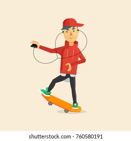 A young skateboarder in motion on a skateboard and a player with earphones in my ears.