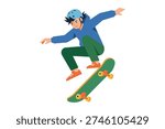 Young skateboarder performing trick on green board vector illustration graphic design
