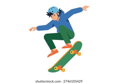 Young skateboarder performing trick on green board vector illustration graphic design