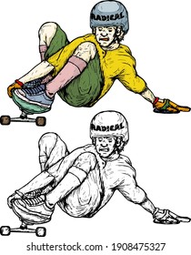 A young skateboarder sliding on his skateboard. Hand drawn vector illustration.