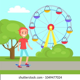 Young skater boy with skateboard at amusement park. Redhead teen guy on skateboard. Boy at park with ferris wheel cartoon flat vector illustration.