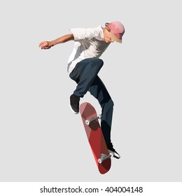 young skater doing a jump on a skateboard, vector illustration